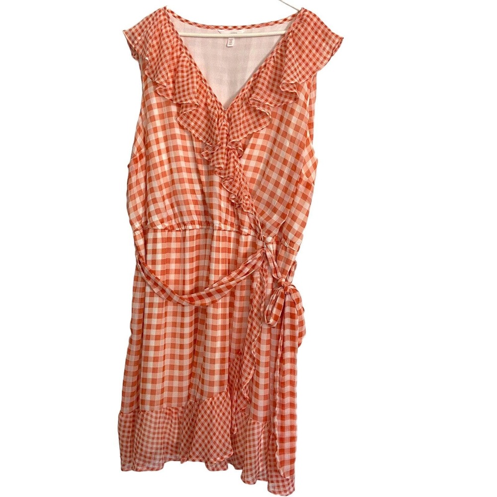 LC Lauren Conrad Dress Sz 4X Orange Checked Sleeveless Faux Wrap Ruffles Tie New